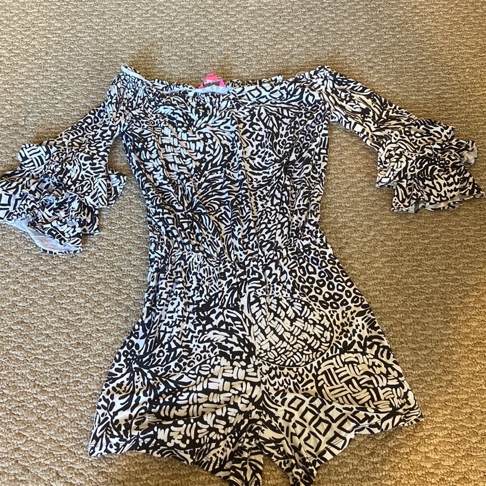 Lily Pulitzer off shoulder, printed romper with mid length sleeves